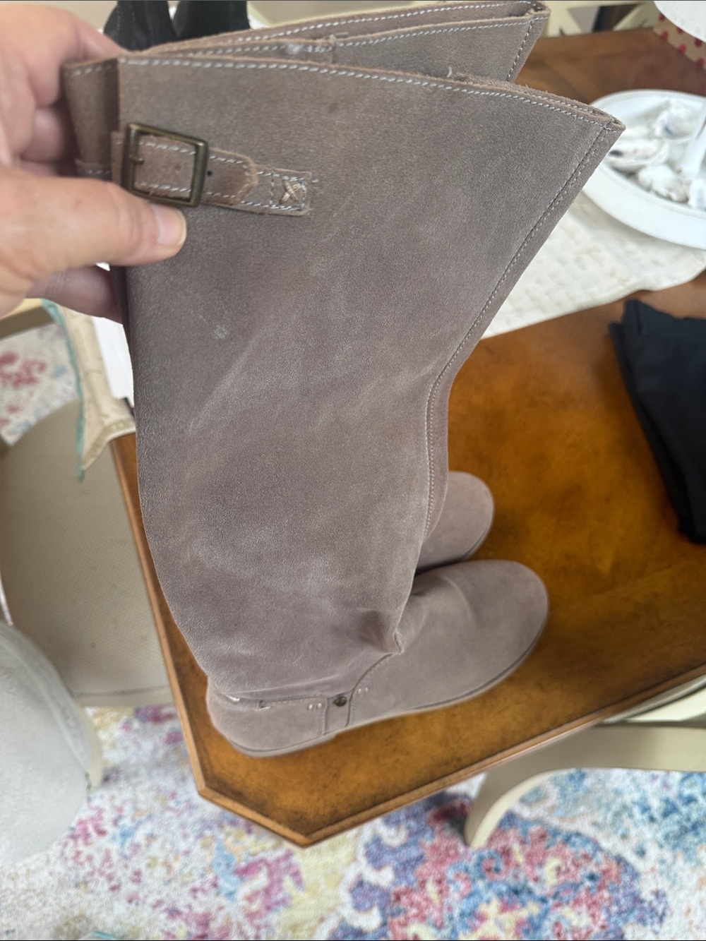 Reef Taupe Suede Mid-Calf Boots with Stitch and Buckle Accent